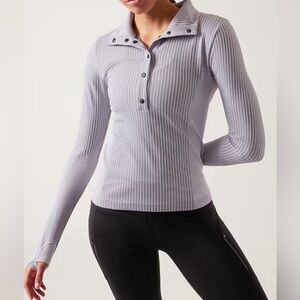 ATHLETA Flurry Seamless Henley Top Gray Pinstripe Popover Knit Stretch